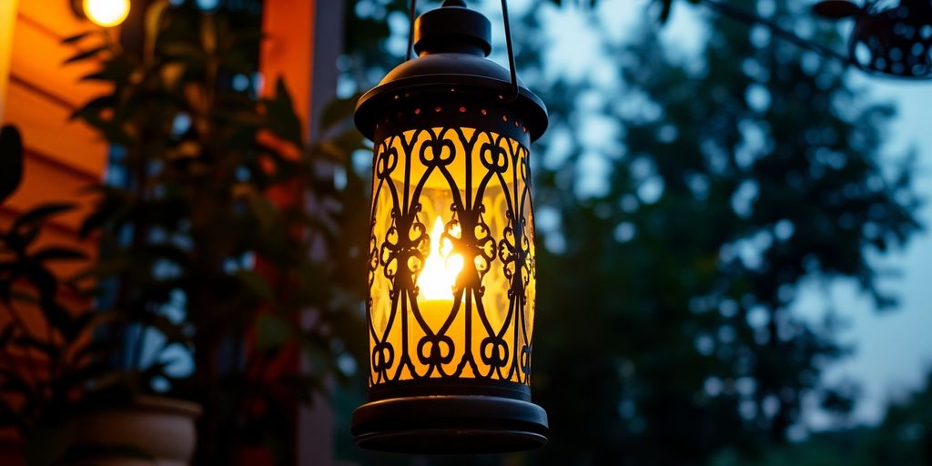 A glowing lantern in an outdoor setting.