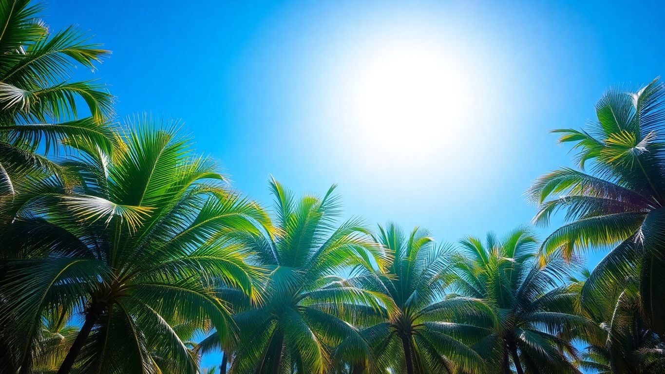 Palm trees thrive, bright sun, clear skies