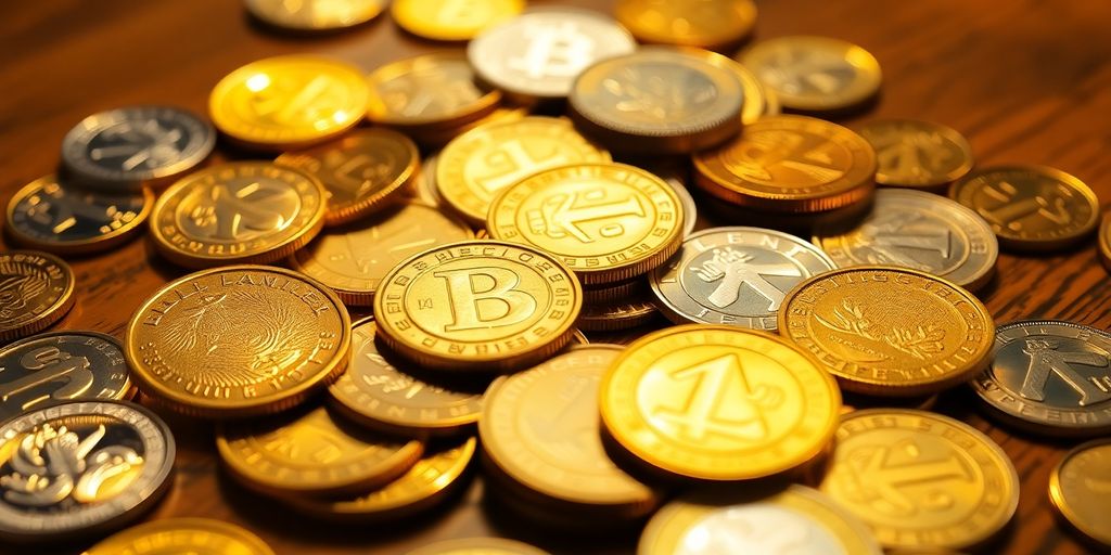 Piles de pièces de monnaie en métaux précieux scintillants.