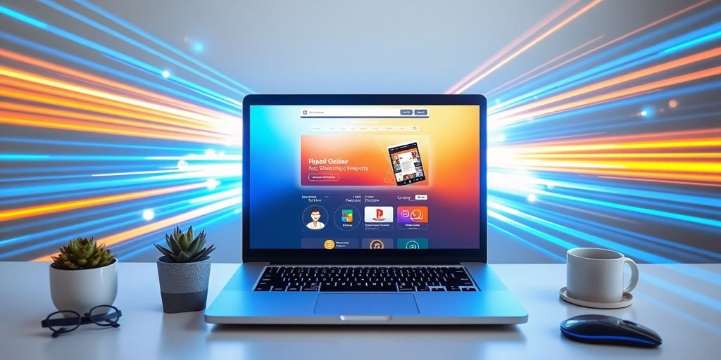 Glowing laptop screen with colorful website icons and light streaks.