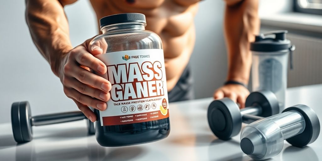Person holding a mass gainer supplement bottle with weights in background.