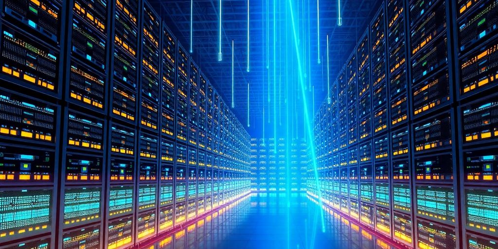 Digital warehouse scene with data flowing.