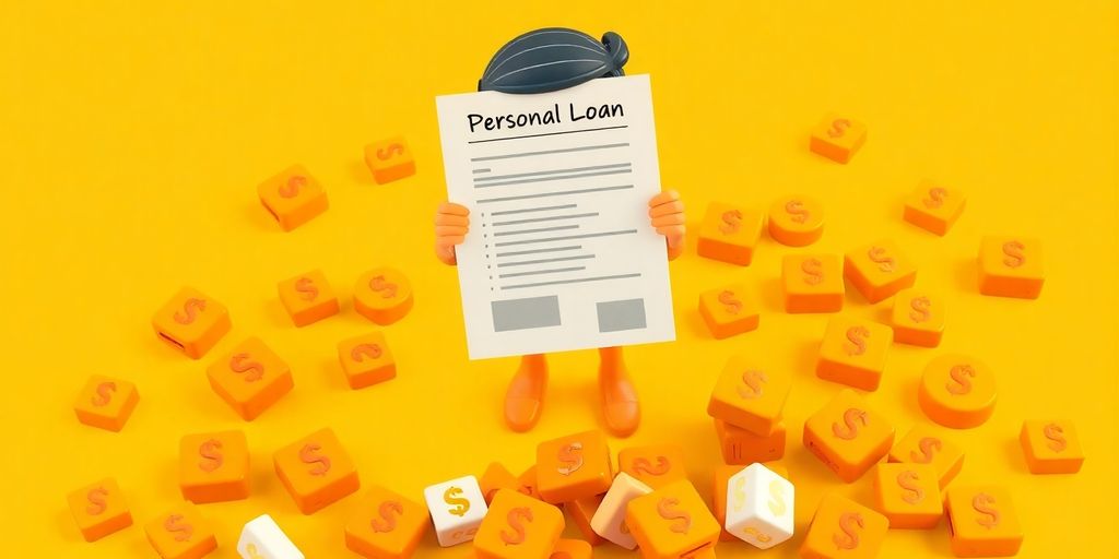 Cartoon character happily consolidating debts with a personal loan.