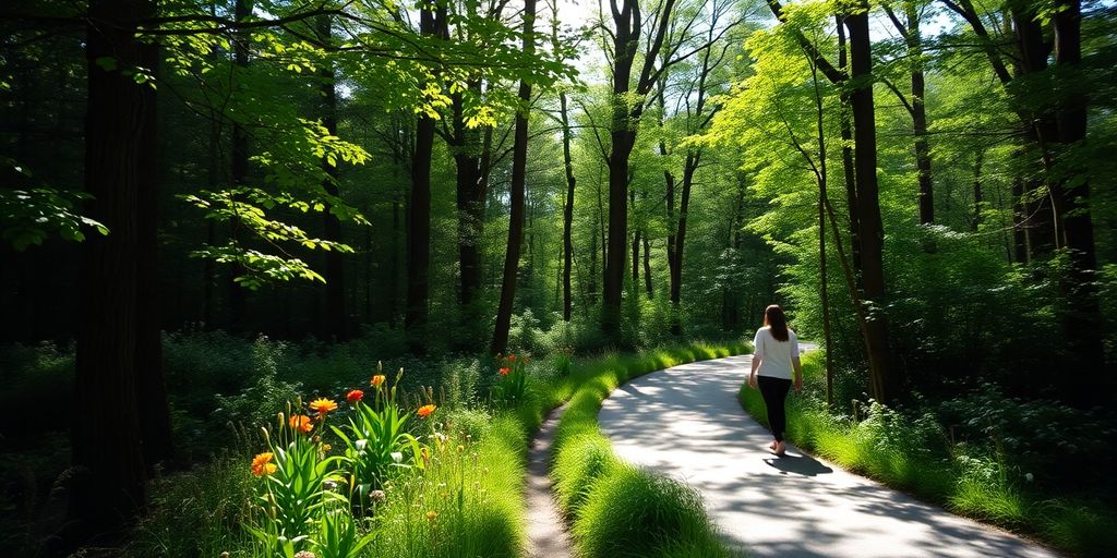 Person walking on a scenic nature trail surrounded by greenery.