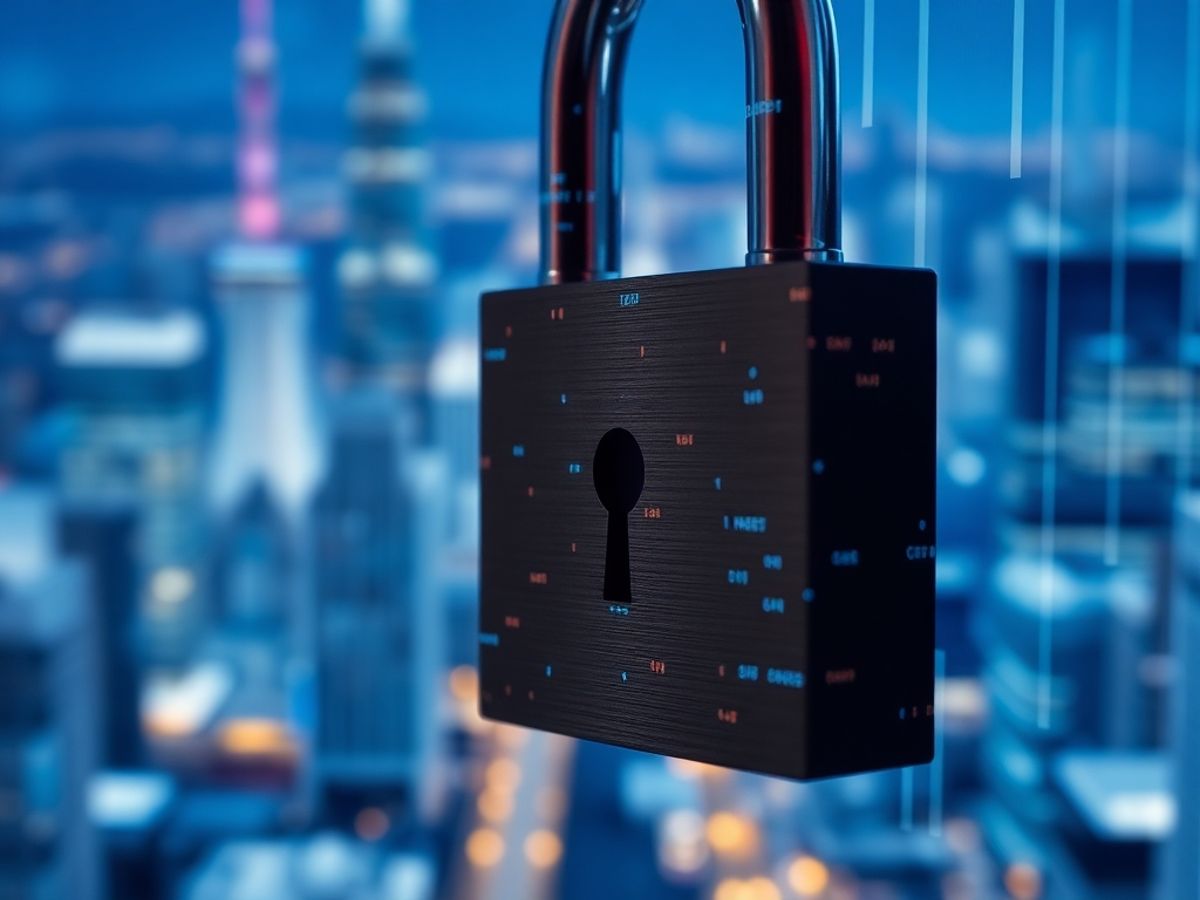 Digital lock against a blurred cityscape background.