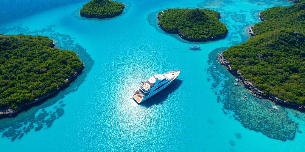 Luxurious yacht sailing in clear turquoise waters.