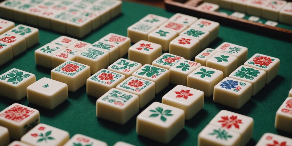 Beautifully arranged Mahjong set with intricately designed tiles, a soft cloth, and a gentle cleaning brush for care.