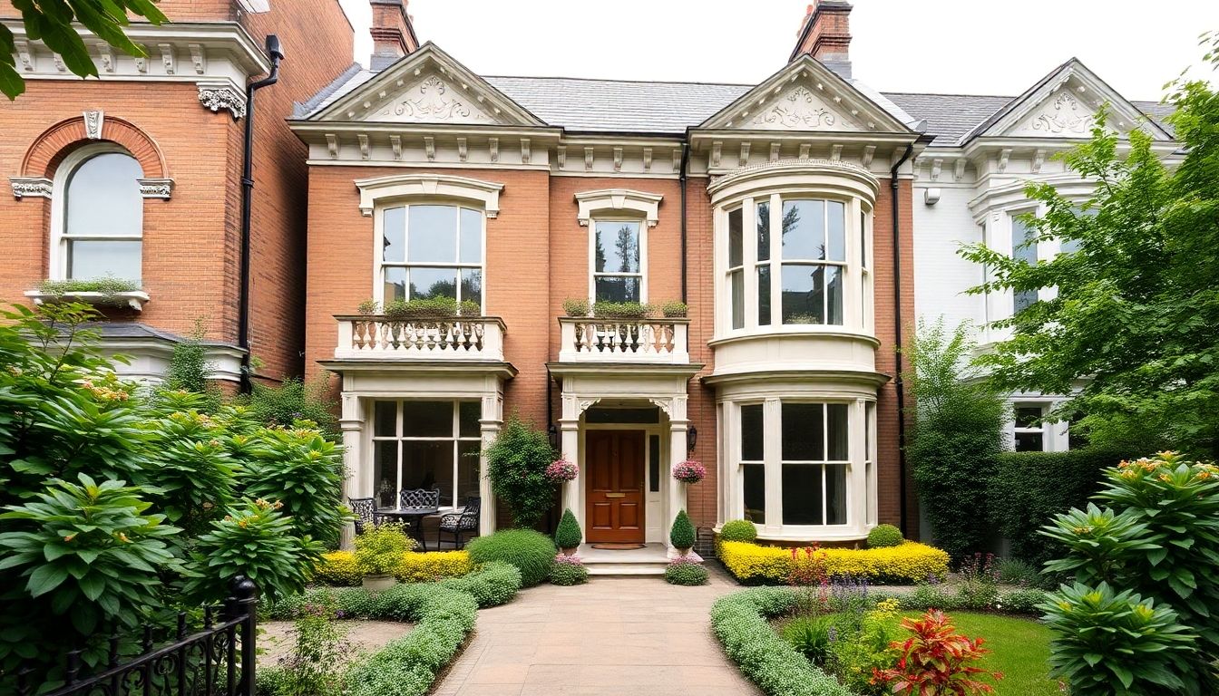 Victorian house with ornate features and lush garden.