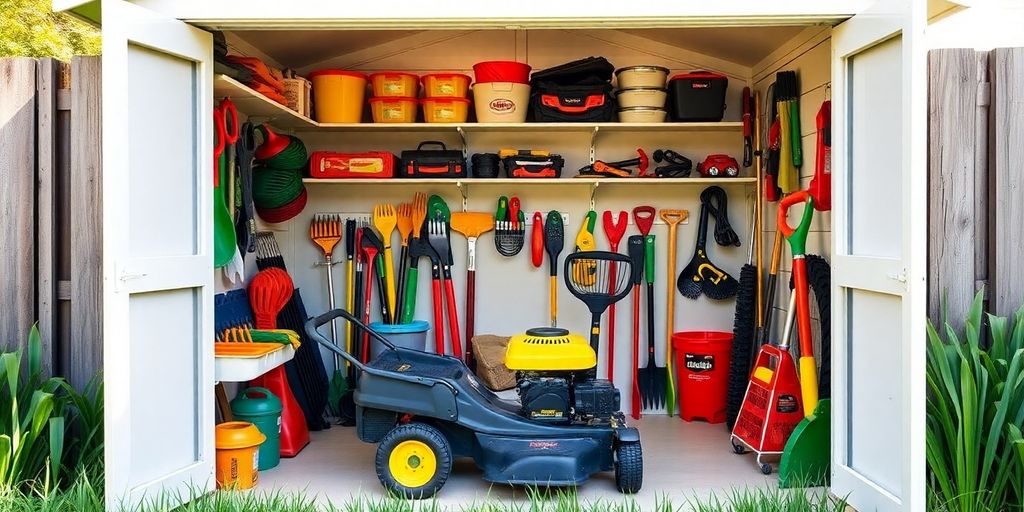 Organized tool shed with mower and garden tools.