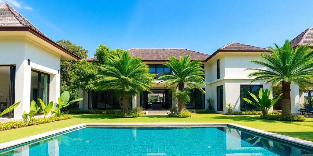 Thai villa with palm trees and clear blue sky.