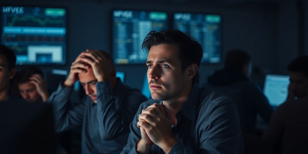 Distressed investors observing cryptocurrency market decline.