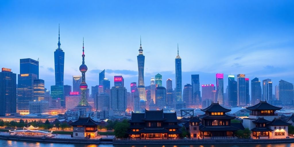 Shanghai skyline at dusk with modern skyscrapers and river.