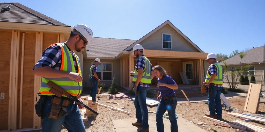 Construction workers building a house.
