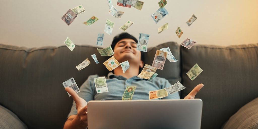 Person relaxing with laptop, money falling into hands.