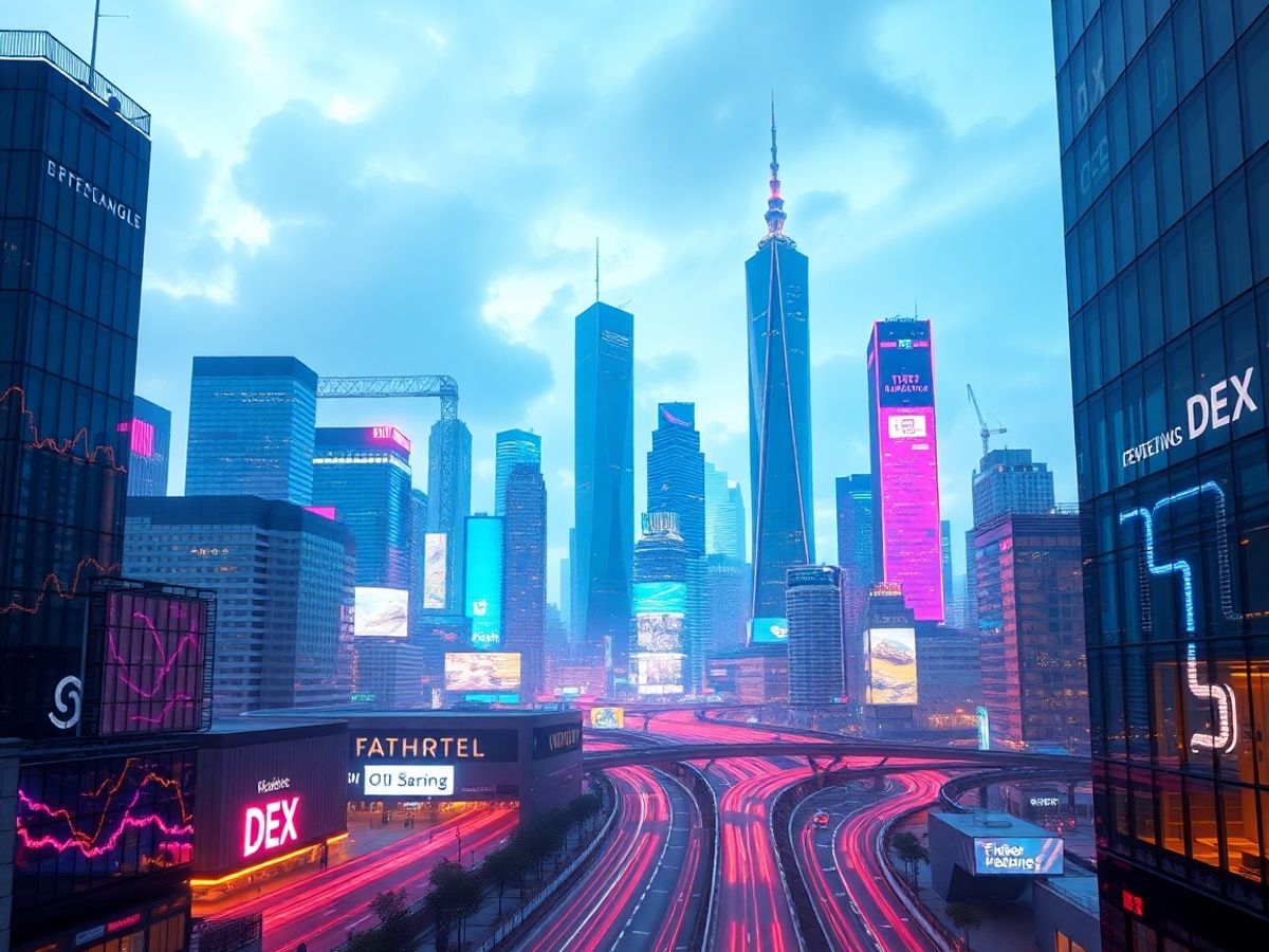 Futuristic cityscape with digital elements representing DEXs.