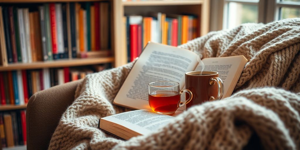 Cozy reading nook with books and a cup of tea.