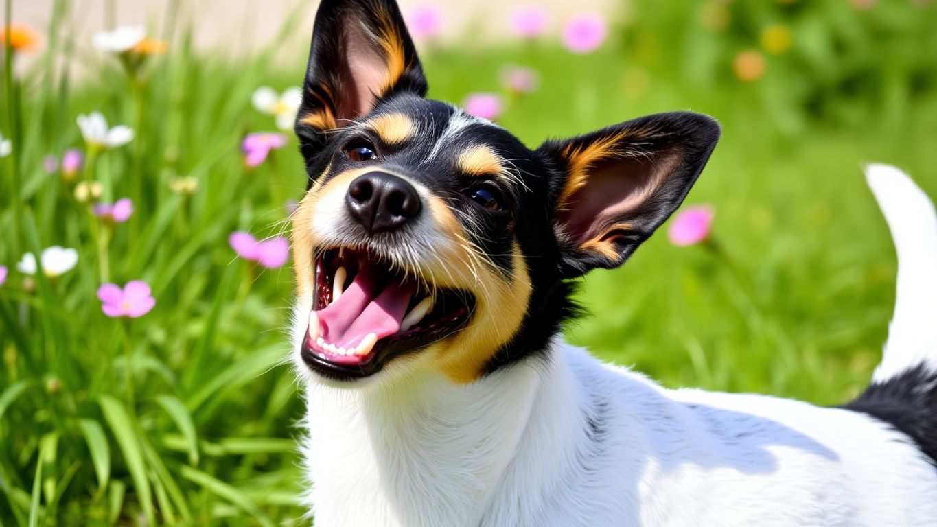 Playful Fox Terrier in a sunny outdoor setting.