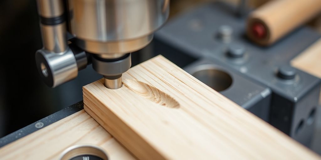 Freesmachine maakt sleuf in hout.