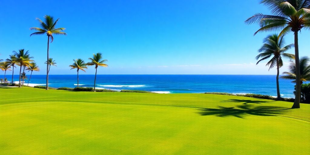 Lush green golf fairway meets azure ocean in Cabo.