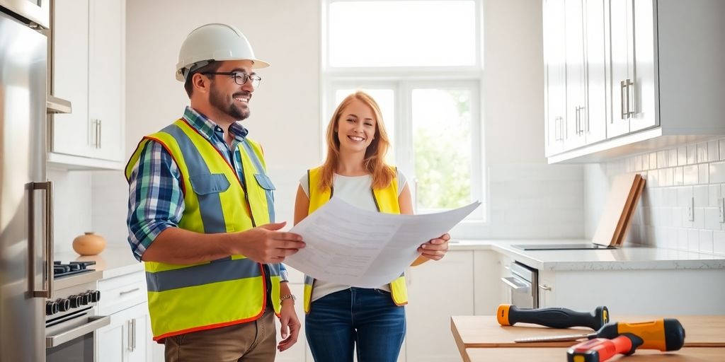 Contractor discusses plans with homeowner in renovated kitchen.