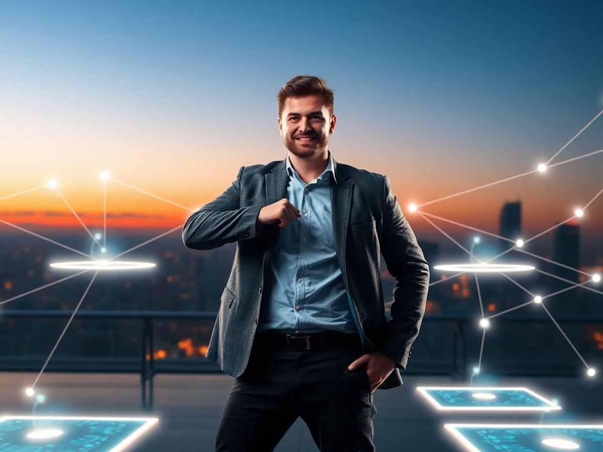 Persoană încrezătoare, platforme digitale luminoase, conexiuni globale.