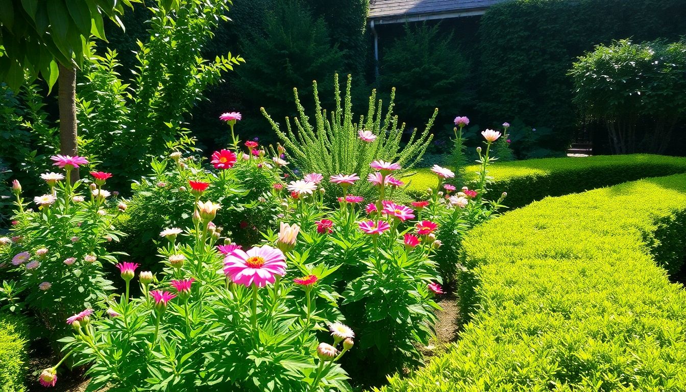 Lush garden with blooming flowers and trimmed hedges.