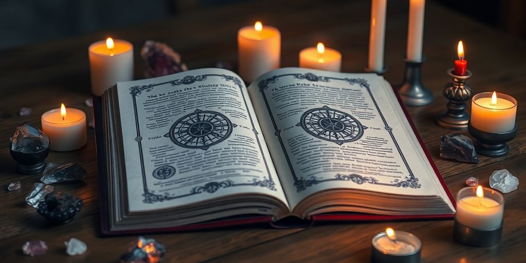 Livro de feitiços aberto com velas e cristais.
