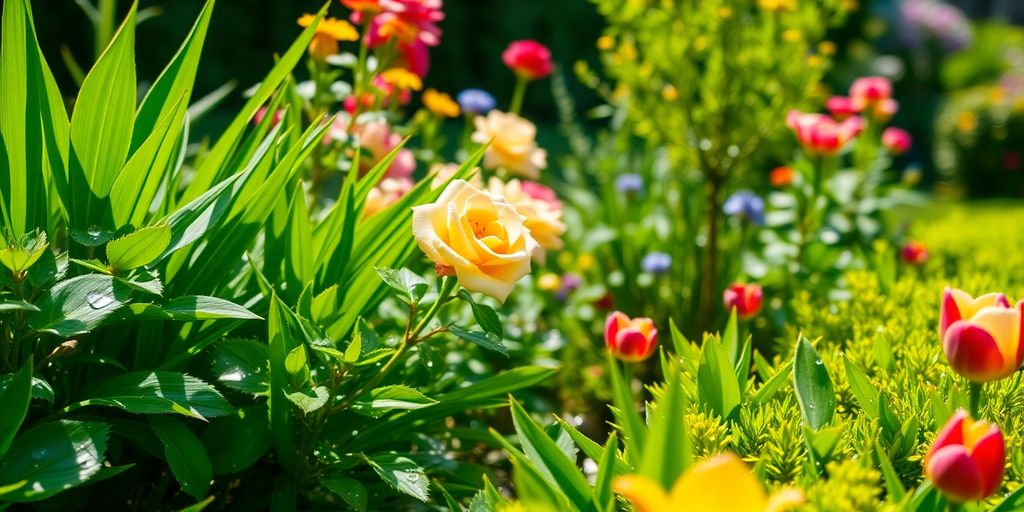 Bunte Blumen, Pflanzen und Bäume in einem gepflegten Garten.