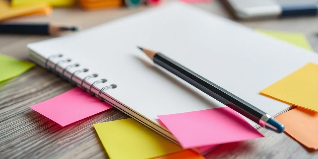 Pencil and notepad with sticky notes in workspace.