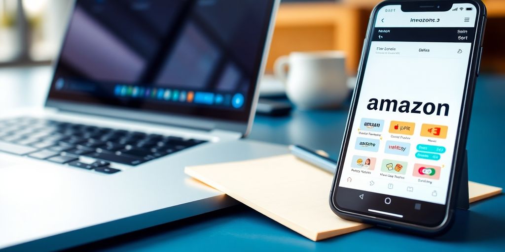 Modern workspace with laptop and smartphone for e-commerce.