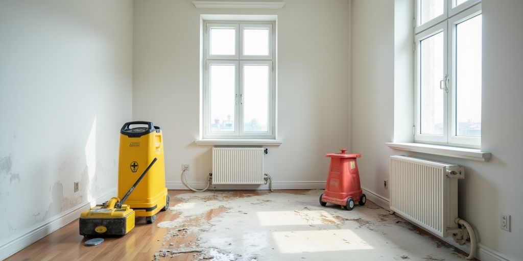 Interior showing water damage and restoration tools.
