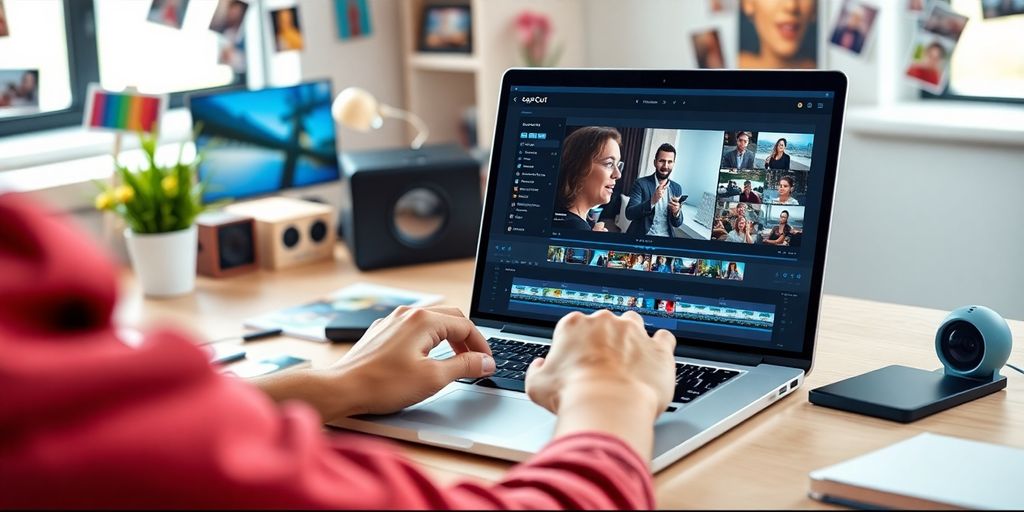User editing videos with CapCut software on a laptop.