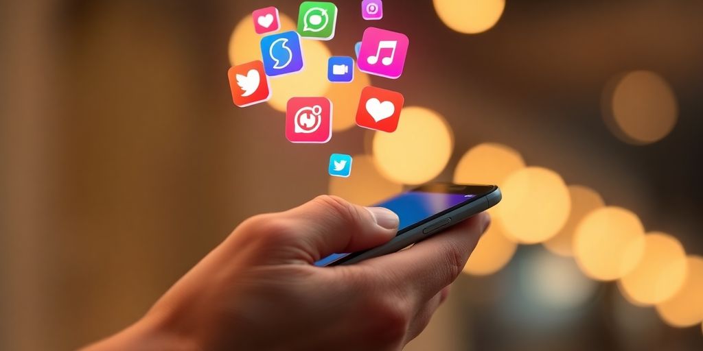 Smartphone apps floating above a hand.
