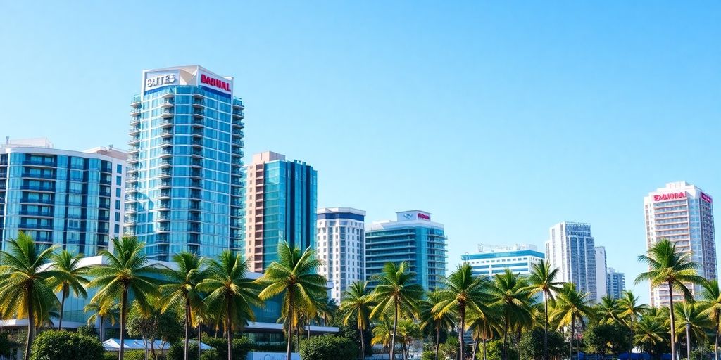 Miami skyline with modern commercial buildings and palm trees.