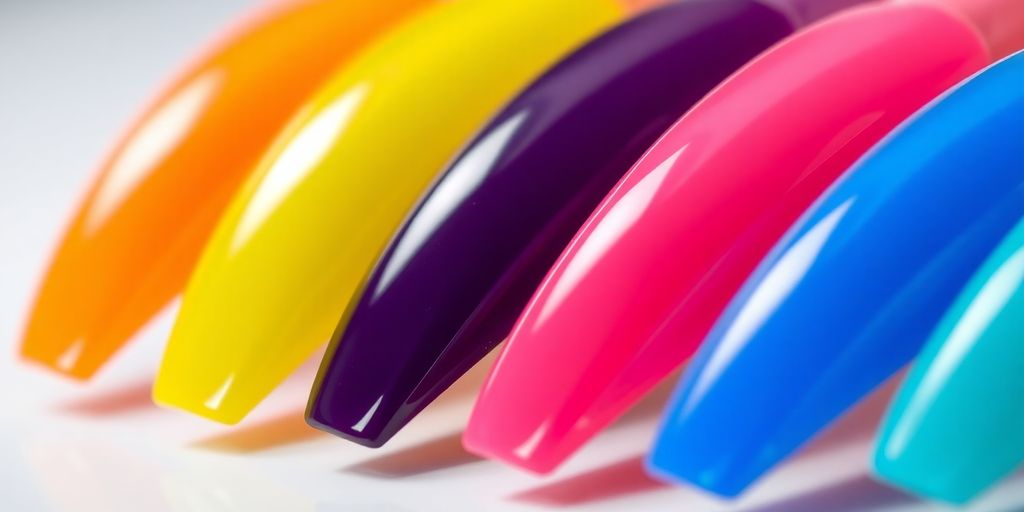 Unhas em gel coloridas e bem cuidadas.