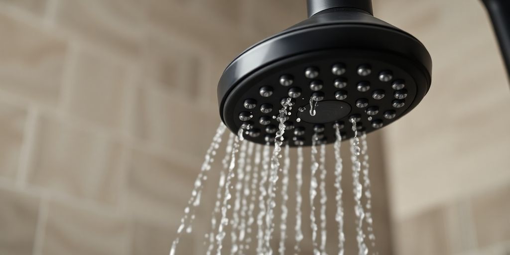 Sleek matte black showerhead in modern bathroom.