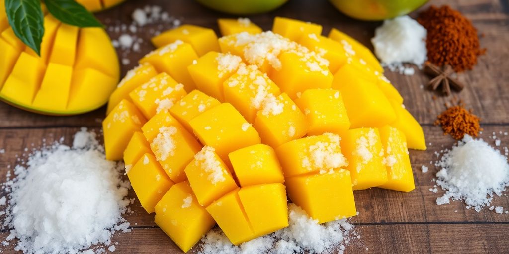 ภาพมะม่วงแช่อิ่มแสดงส่วนผสมและขั้นตอนการทำ