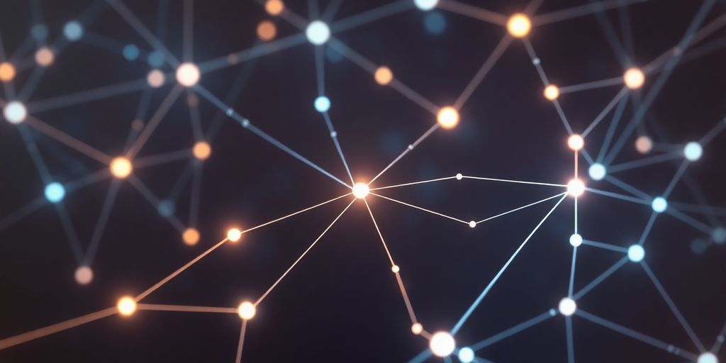 Abstract glowing network connecting human and AI.