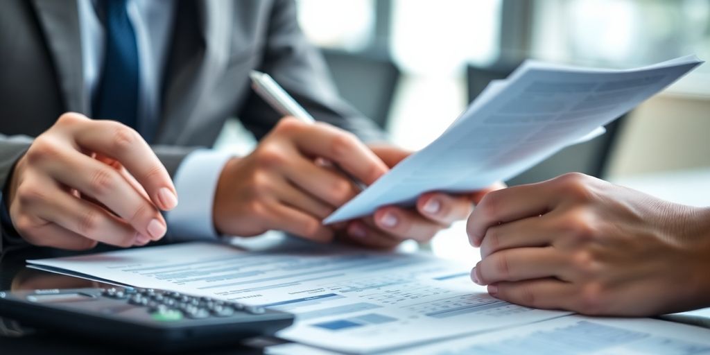Un expert examine des documents financiers avec sérieux.