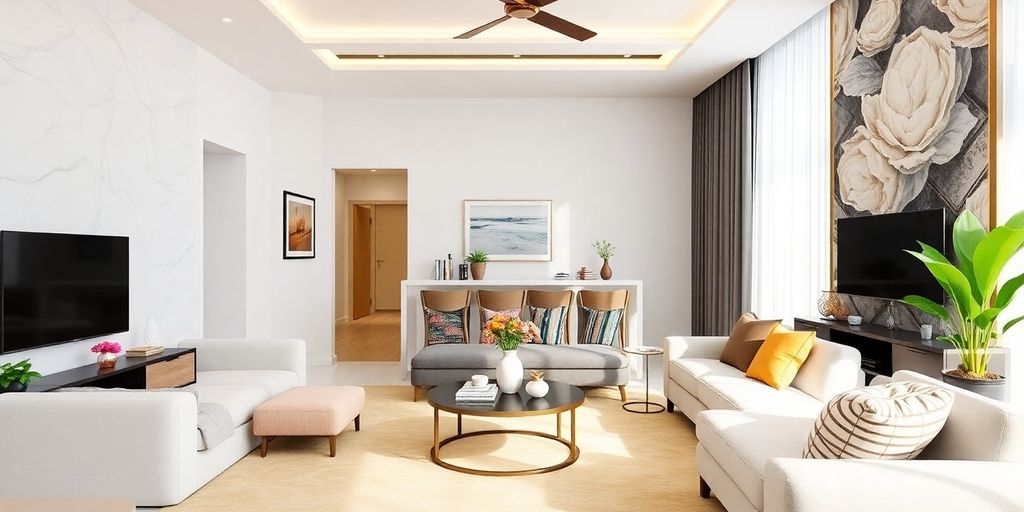 Modern living room with elegant materials and decor.