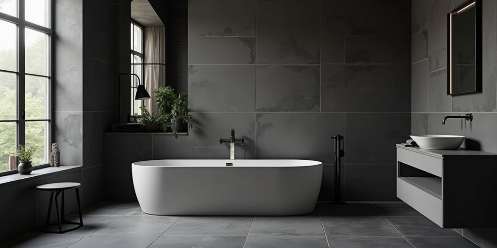 Modern bathroom with sleek monochrome tile flooring.