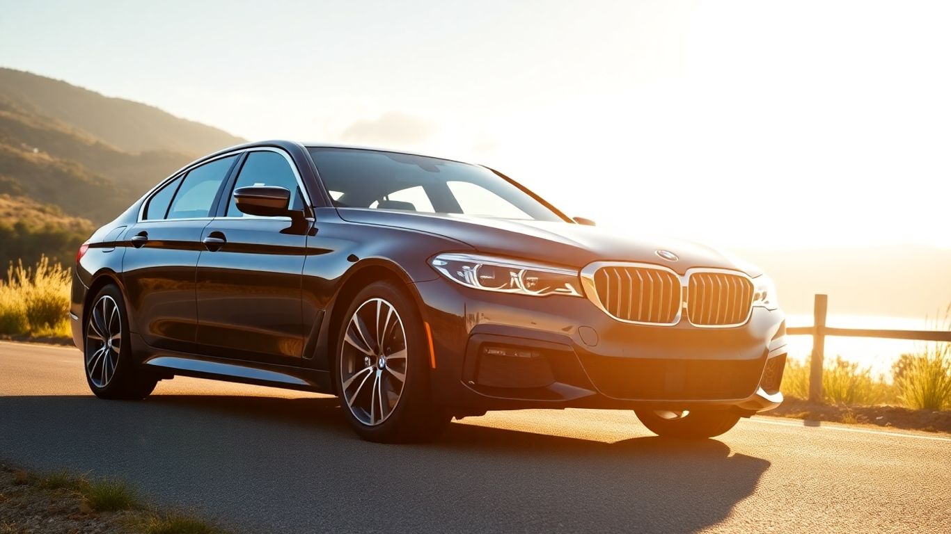 2025 BMW sedan parked on a scenic road.