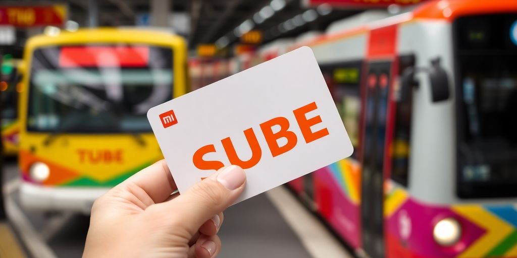 Tarjeta Meu SUBE na mão com fundo de transporte.