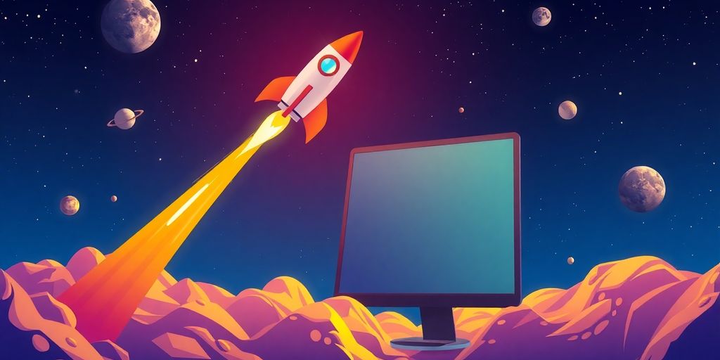 Website launch rocket soaring past planets