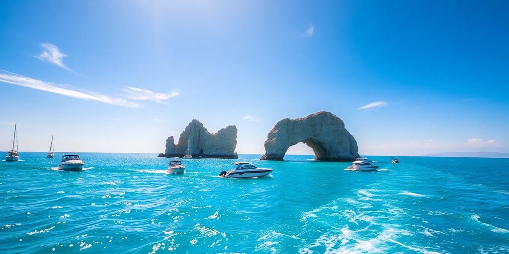 Boats sailing near Cabo's Arch, clear blue water below.