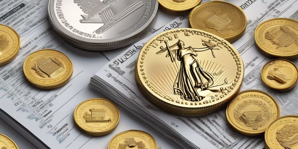 gold and silver coins with tax documents and legislative books