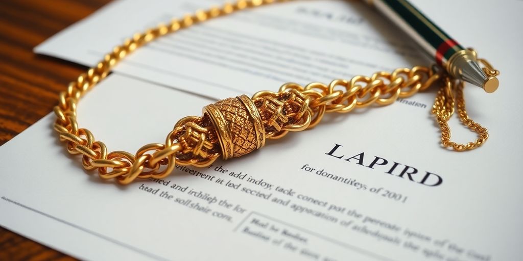 Bracelet en or et documents légaux sur une table en bois.
