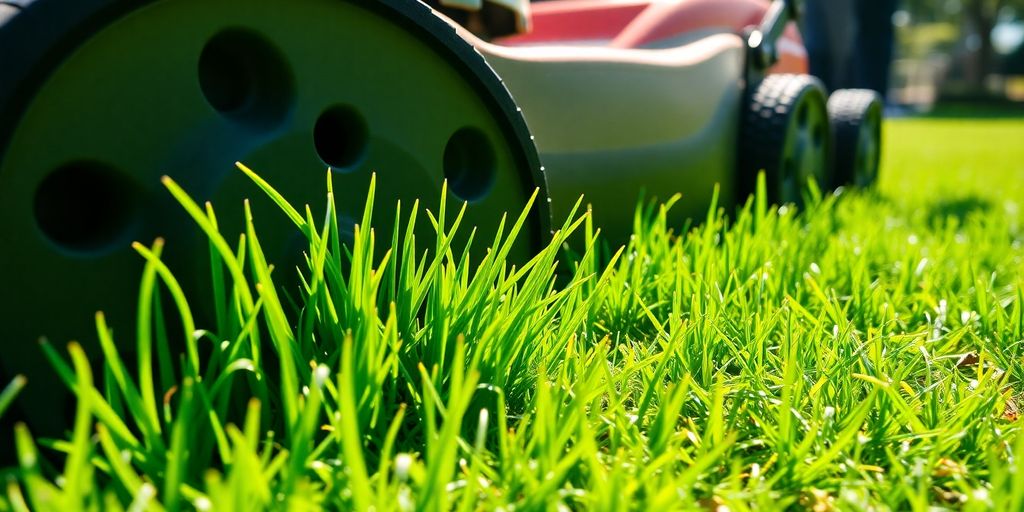 Lawn mower cutting grass on a sunny day.
