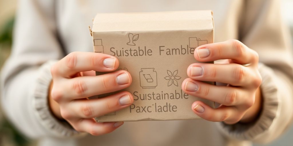 Eco-friendly packaging held against a blurred TikTok background.