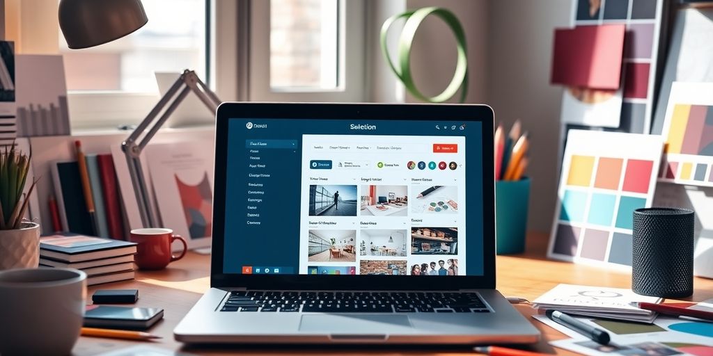 Laptop with WordPress theme selection on a desk.